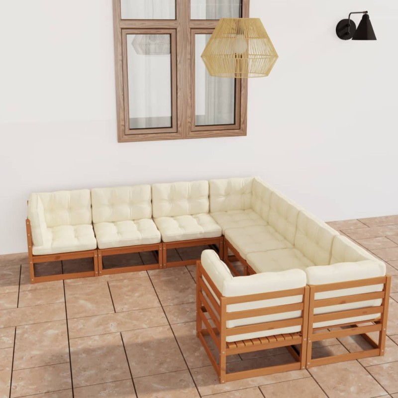 8pcs conj. lounge jardim e almofadões pinho maciço castanho mel-Conjuntos de jardim-Home Retail