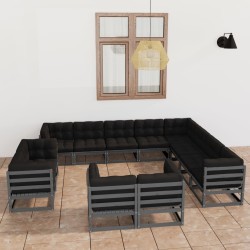 12pcs conjunto lounge de jardim + almofadões pinho maciço cinza