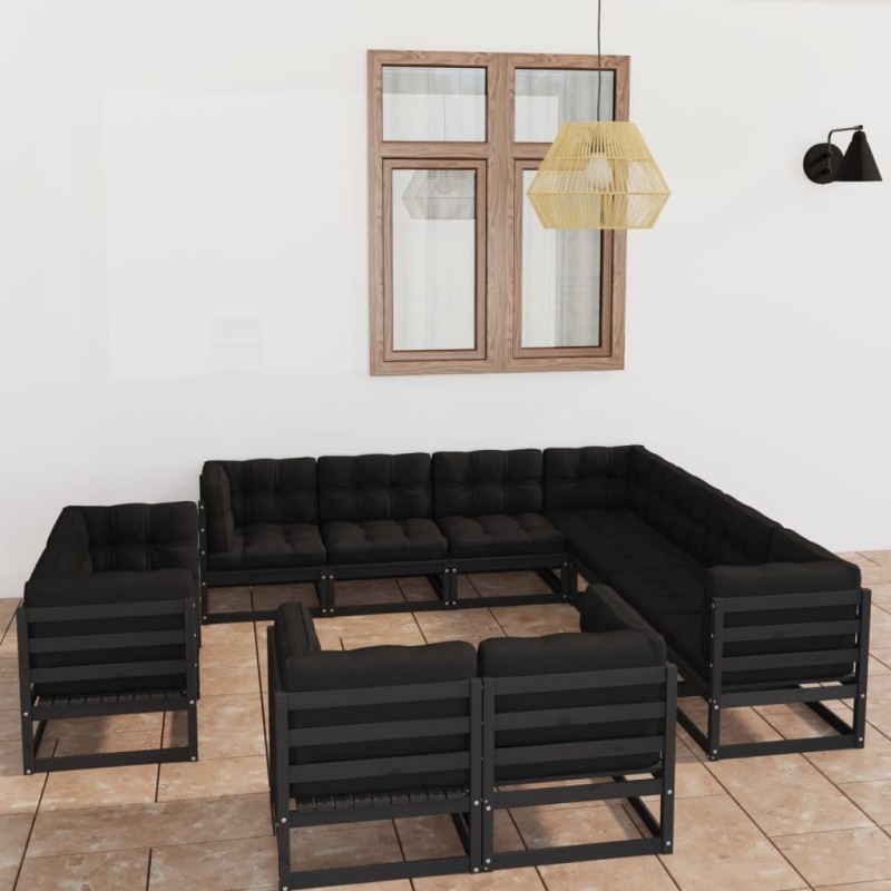 11pcs conj. longue de jardim c/ almofadões pinho maciço preto-Conjuntos de jardim-Home Retail