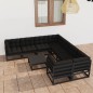 9pcs conjunto longue de jardim c/ almofadões pinho maciço preto