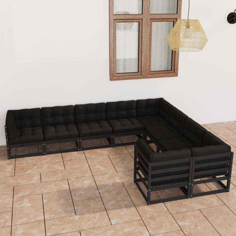 9pcs conjunto longue de jardim c/ almofadões pinho maciço preto-Conjuntos de jardim-Home Retail