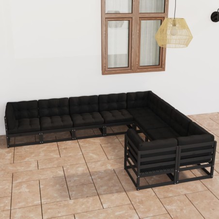 9pcs conjunto longue de jardim c/ almofadões pinho maciço preto