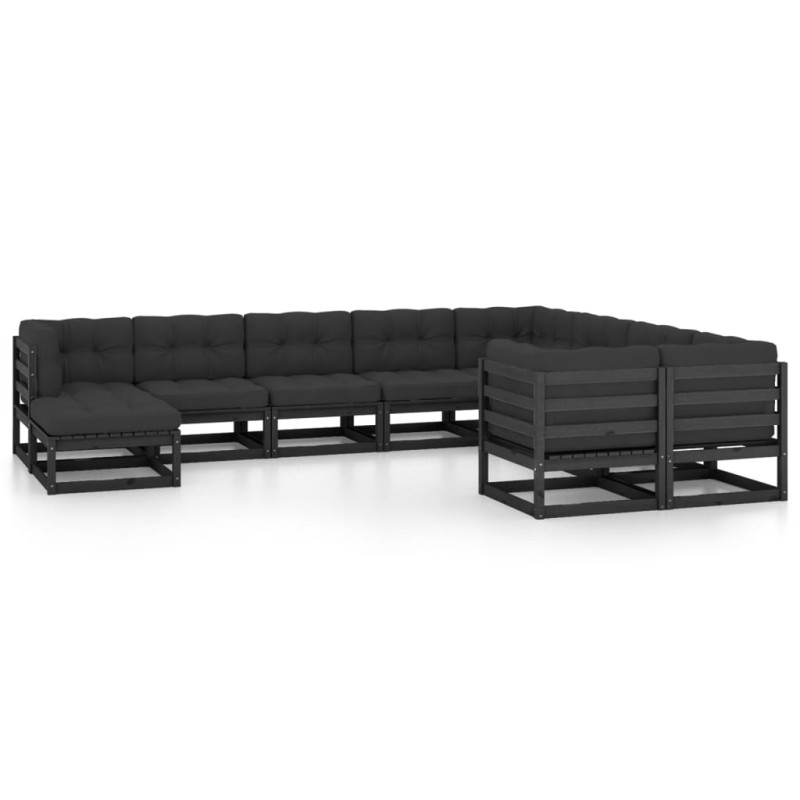 10 pcs conjunto lounge jardim c/ almofadões pinho maciço preto-Conjuntos de jardim-Home Retail