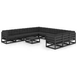 12 pcs conjunto longue jardim c/ almofadões pinho maciço preto