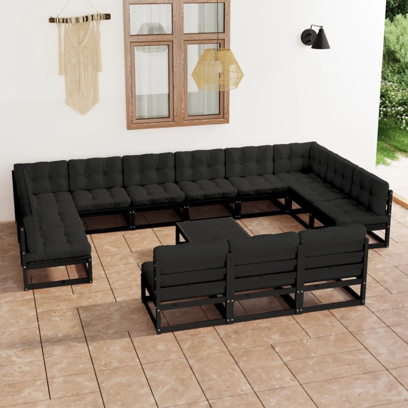 14 pcs conjunto longue jardim c/ almofadões pinho maciço preto-Conjuntos de jardim-Home Retail