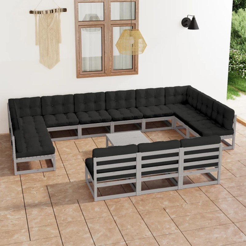 14pcs conjunto lounge de jardim + almofadões pinho maciço cinza-Conjuntos de jardim-Home Retail