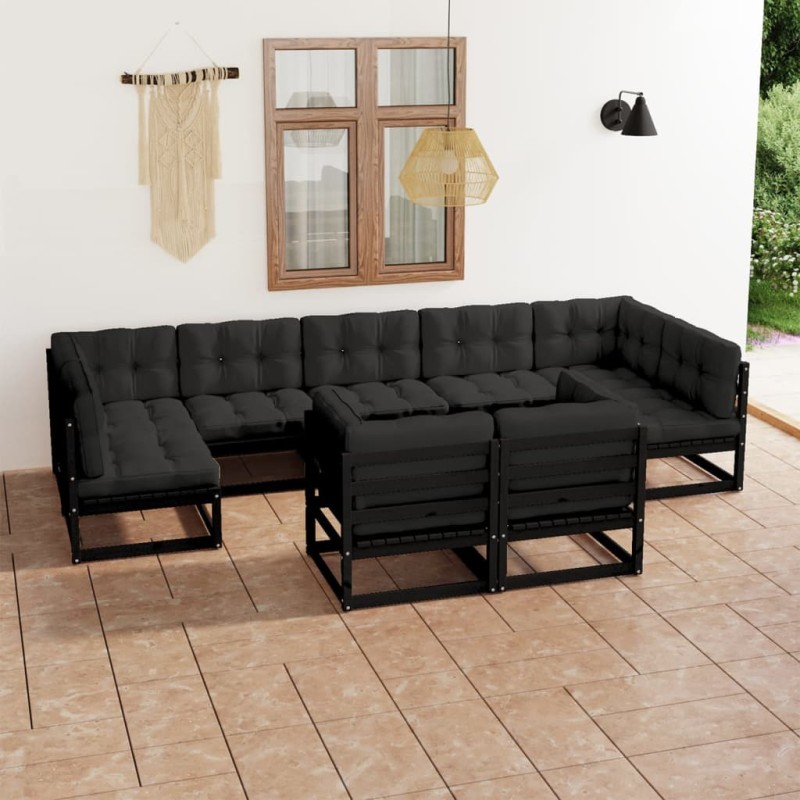 9pcs conjunto longue de jardim c/ almofadões pinho maciço preto-Conjuntos de jardim-Home Retail