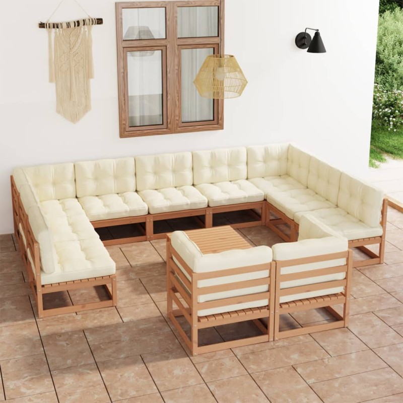 12 pcs conj. lounge jardim almofadões pinho maciço castanho mel-Conjuntos de jardim-Home Retail