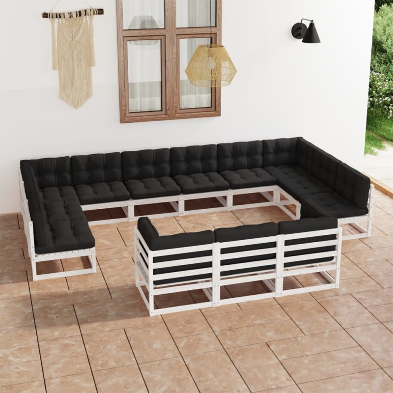 13 pcs conj. lounge de jardim c/ almofadões pinho maciço branco-Conjuntos de jardim-Home Retail