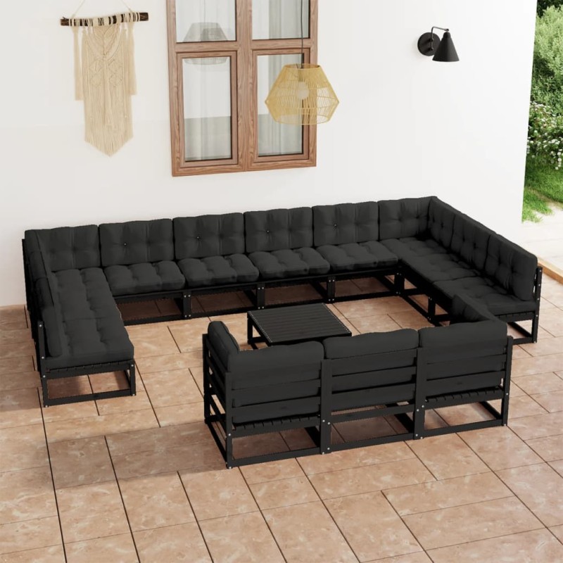 14 pcs conjunto longue jardim c/ almofadões pinho maciço preto-Conjuntos de jardim-Home Retail