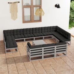 14 pcs conj. lounge de jardim + almofadões pinho maciço cinza