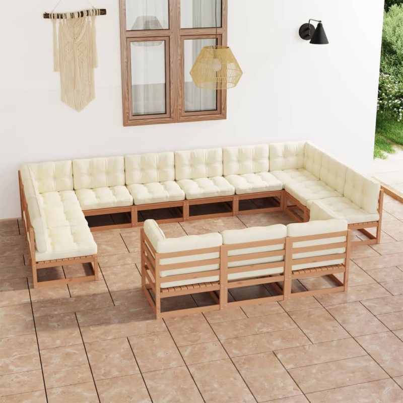 13 pcs conj. lounge jardim almofadões pinho maciço castanho mel-Conjuntos de jardim-Home Retail