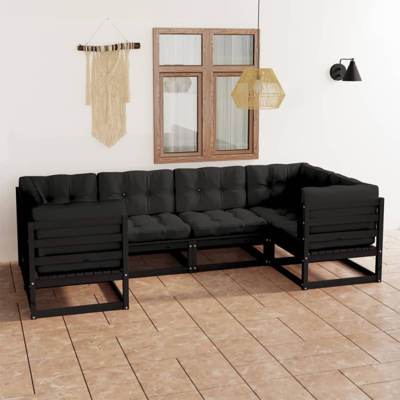 6pcs conjunto longue de jardim c/ almofadões pinho maciço preto-Conjuntos de jardim-Home Retail