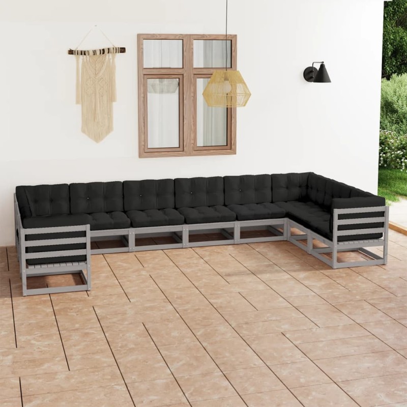 10pcs conjunto lounge de jardim + almofadões pinho maciço cinza-Conjuntos de jardim-Home Retail