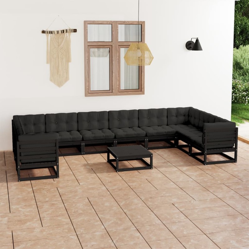 11 pcs conjunto longue jardim c/ almofadões pinho maciço preto-Conjuntos de jardim-Home Retail