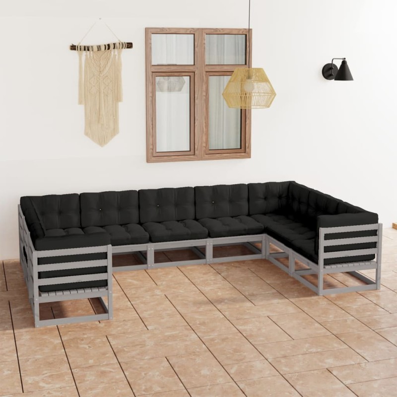 9pcs conjunto lounge de jardim c/ almofadões pinho maciço cinza-Conjuntos de jardim-Home Retail