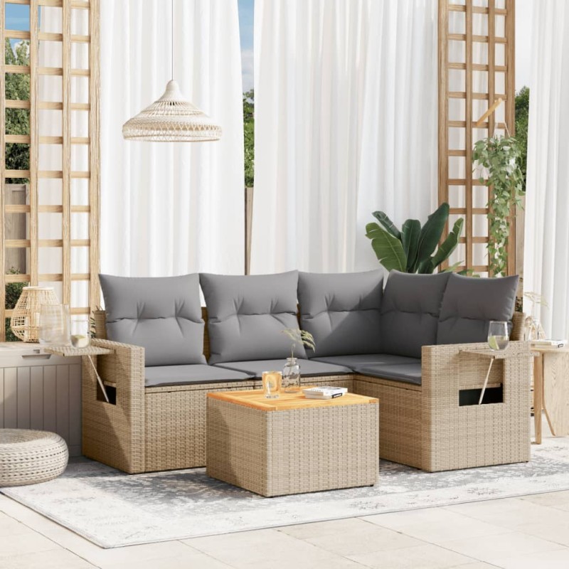 5 pcs conjunto de sofás p/ jardim com almofadões vime PE bege-Unidades de sofá com módulos externos-Home Retail