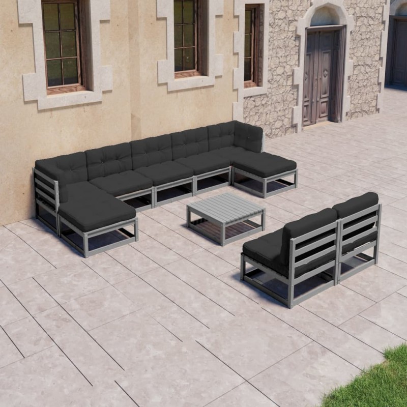 10pcs conjunto lounge de jardim + almofadões pinho maciço cinza-Conjuntos de jardim-Home Retail