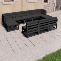 8pcs conjunto longue de jardim c/ almofadões pinho maciço preto