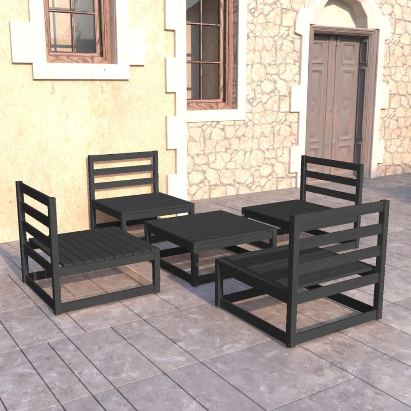 5 pcs conjunto lounge de jardim pinho maciço preto-Conjuntos de jardim-Home Retail