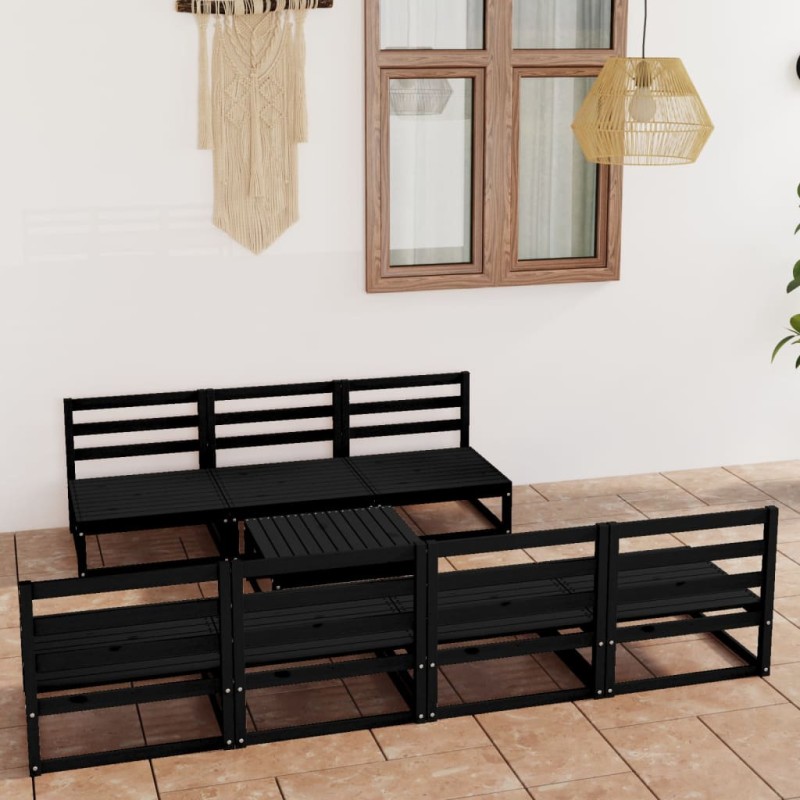 8 pcs conjunto lounge de jardim pinho maciço preto-Conjuntos de jardim-Home Retail