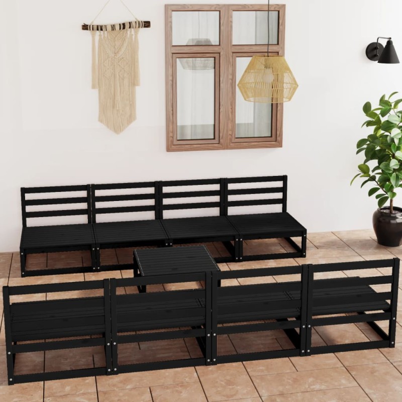 9 pcs conjunto lounge de jardim pinho maciço preto-Conjuntos de jardim-Home Retail