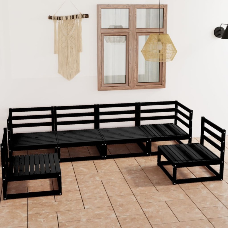 6 pcs conjunto lounge de jardim pinho maciço preto-Conjuntos de jardim-Home Retail