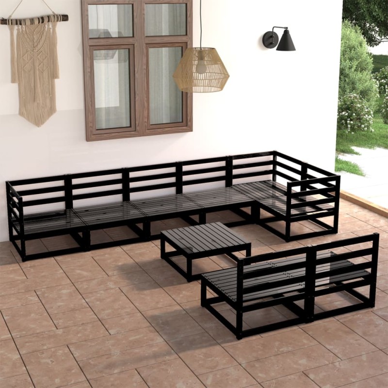 9 pcs conjunto lounge de jardim pinho maciço preto-Conjuntos de jardim-Home Retail