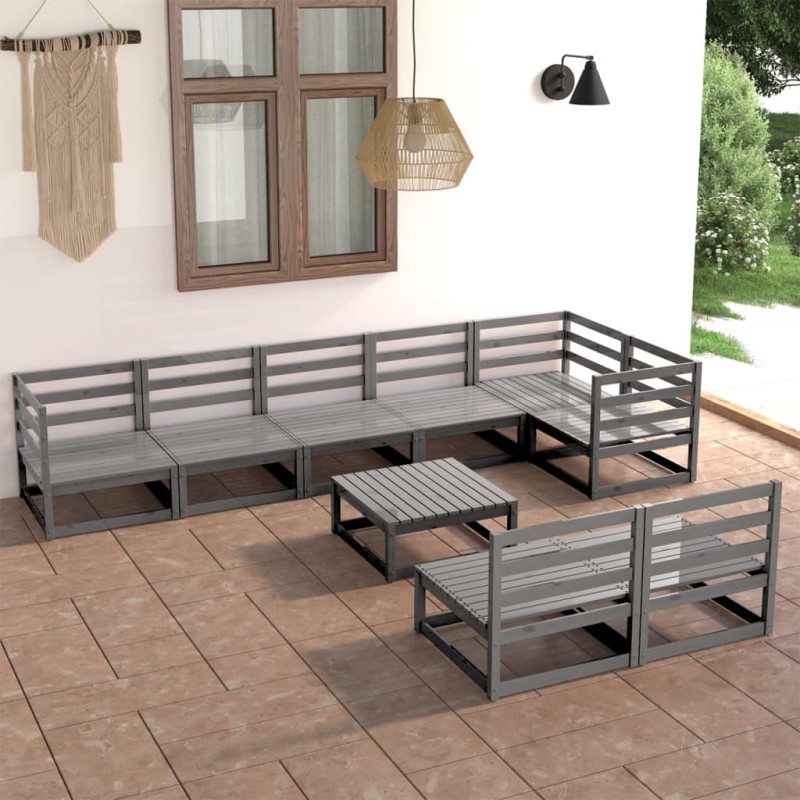 9 pcs conjunto lounge de jardim pinho maciço cinzento-Conjuntos de jardim-Home Retail