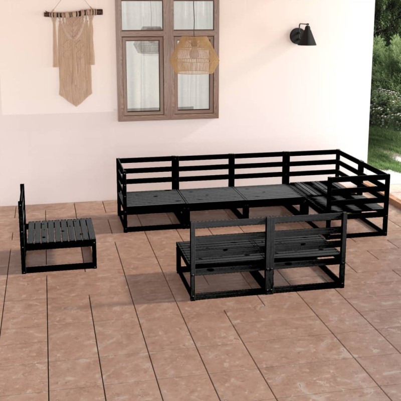 8 pcs conjunto lounge de jardim pinho maciço preto-Conjuntos de jardim-Home Retail