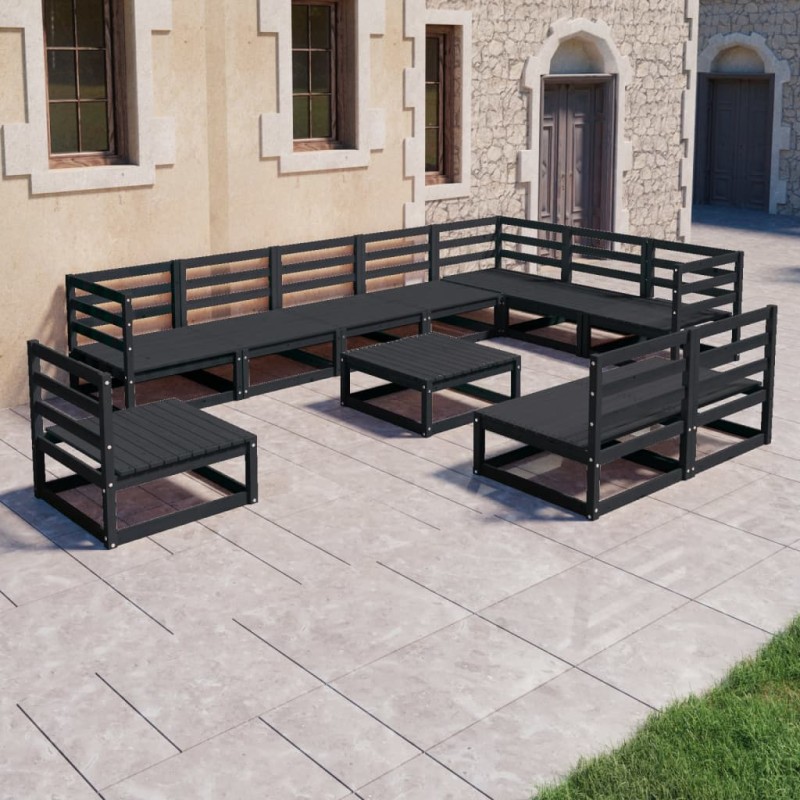 11 pcs conjunto lounge de jardim pinho maciço preto-Conjuntos de jardim-Home Retail