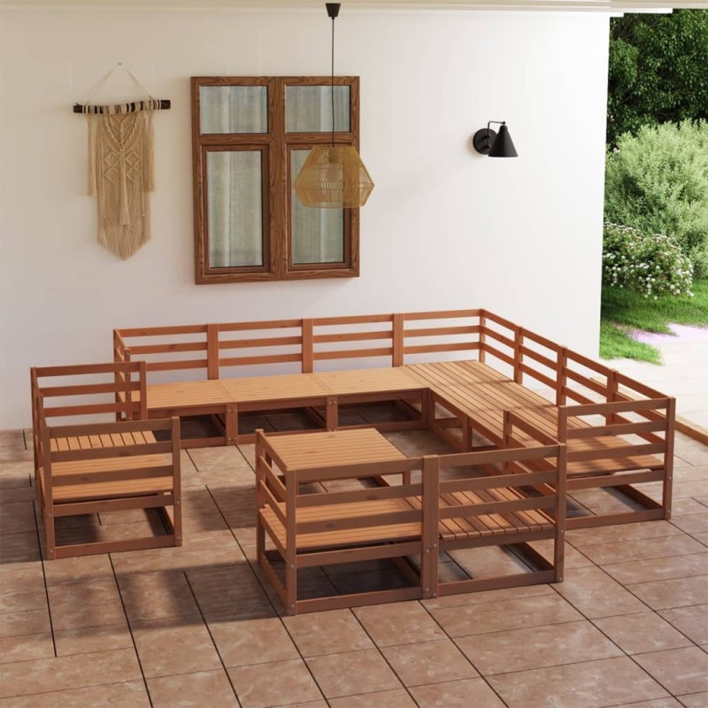 12 pcs conjunto lounge de jardim pinho maciço castanho mel-Conjuntos de jardim-Home Retail