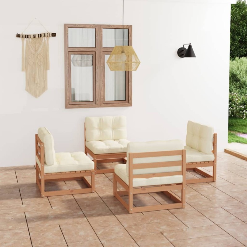 4 pcs conjunto lounge de jardim com almofadões pinho maciço-Conjuntos de jardim-Home Retail