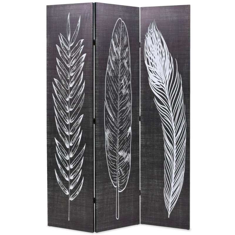 Biombo dobrável com estampa de penas 120x170 cm preto e branco-Biombos-Home Retail