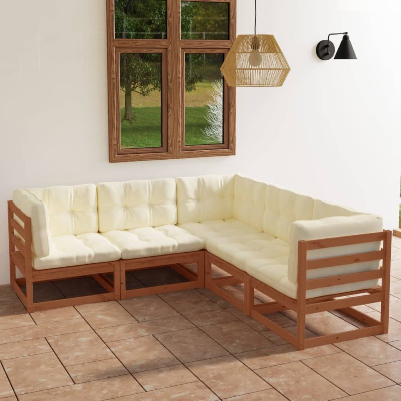 5 pcs conjunto lounge de jardim com almofadões pinho maciço-Conjuntos de jardim-Home Retail