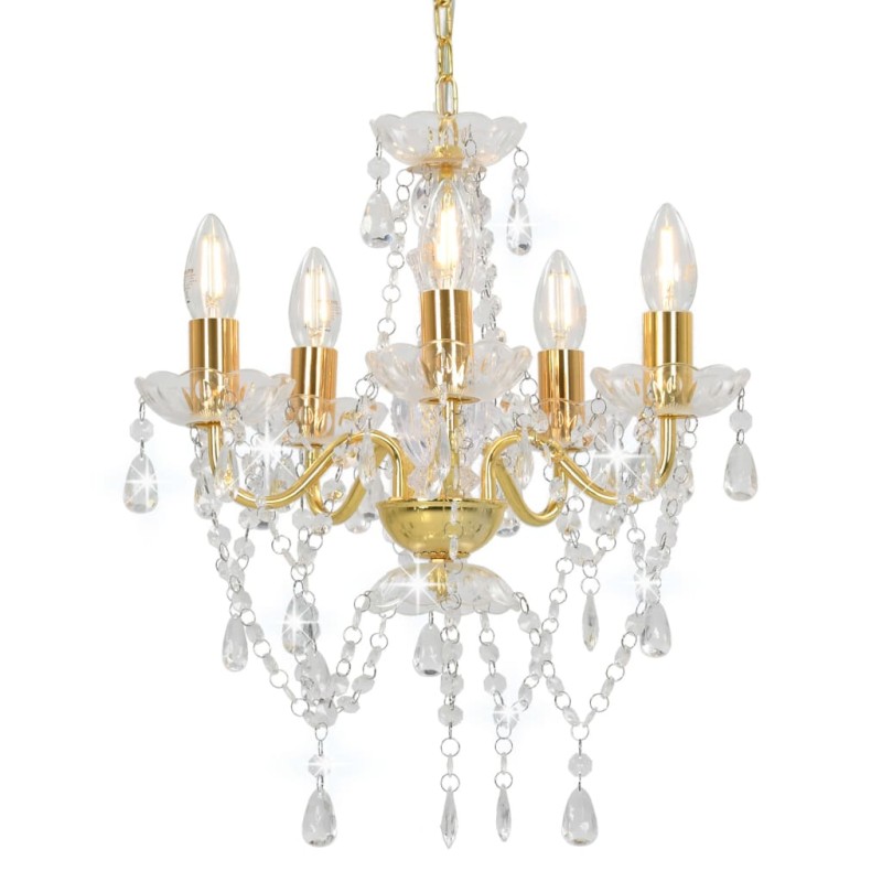 Lustre com contas de cristal redondo 5 x E14 dourado-Candeeiros-Home Retail