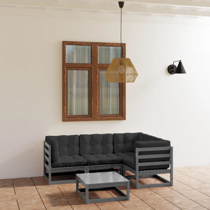 5 pcs conjunto lounge de jardim c/ almofadões pinho maciço-Conjuntos de jardim-Home Retail