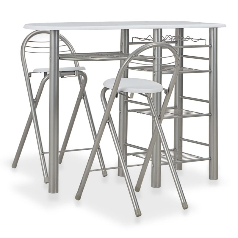 3 pcs conjunto de bar com prateleiras de madeira e aço branco-Conjuntos de móveis para cozinha e sala de jantar-Home Retail