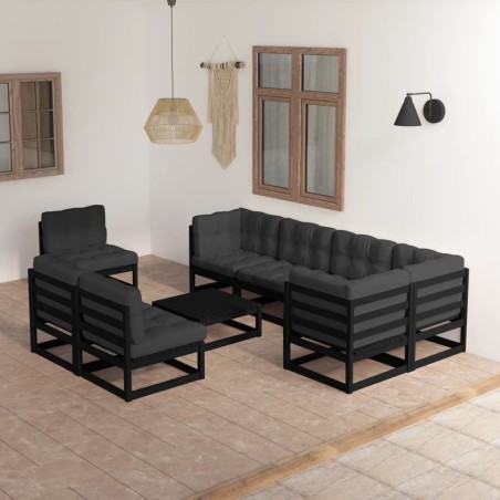 9 pcs conjunto lounge de jardim c/ almofadões pinho maciço