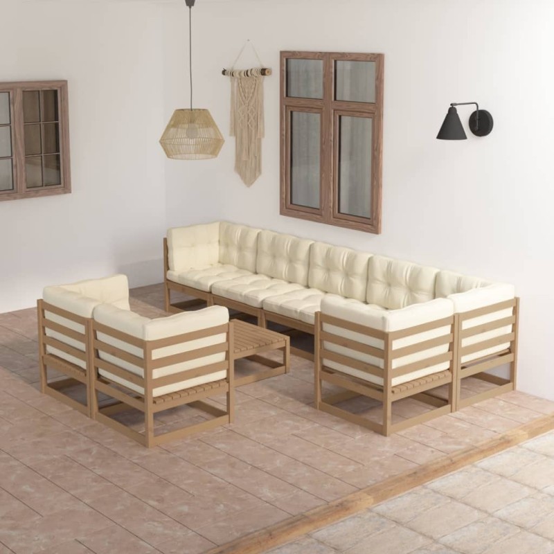 9 pcs conjunto lounge de jardim c/ almofadões pinho maciço-Conjuntos de jardim-Home Retail