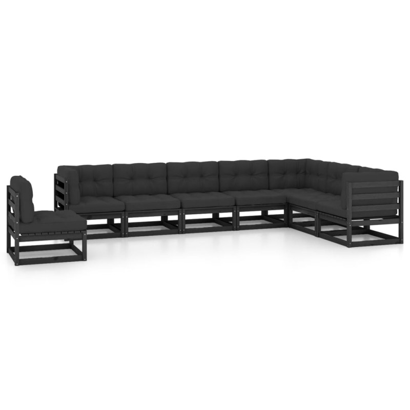 8 pcs conjunto lounge jardim c/ almofadões pinho maciço preto-Conjuntos de jardim-Home Retail