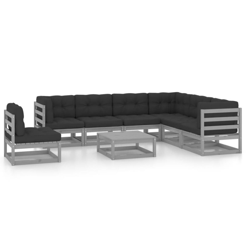 8 pcs conjunto lounge de jardim + almofadões pinho maciço cinza-Conjuntos de jardim-Home Retail