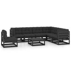 8 pcs conjunto lounge jardim c/ almofadões pinho maciço preto