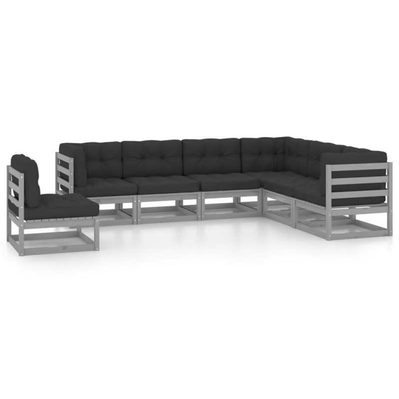 7pcs conjunto lounge de jardim c/ almofadões pinho maciço cinza-Conjuntos de jardim-Home Retail