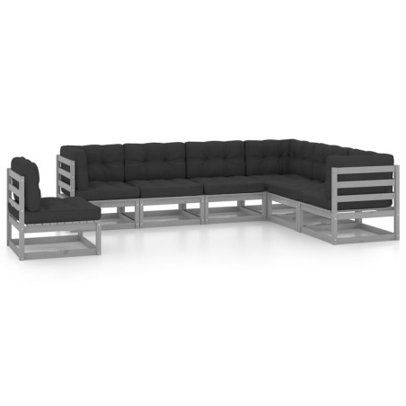 7pcs conjunto lounge de jardim c/ almofadões pinho maciço cinza