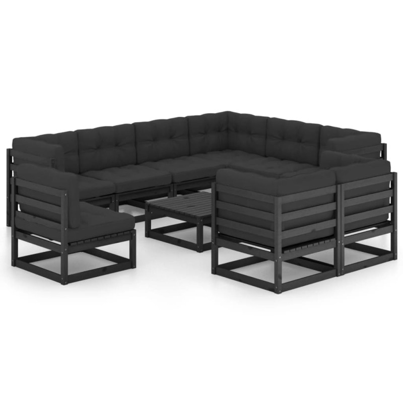 10 pcs conjunto lounge jardim c/ almofadões pinho maciço preto-Conjuntos de jardim-Home Retail