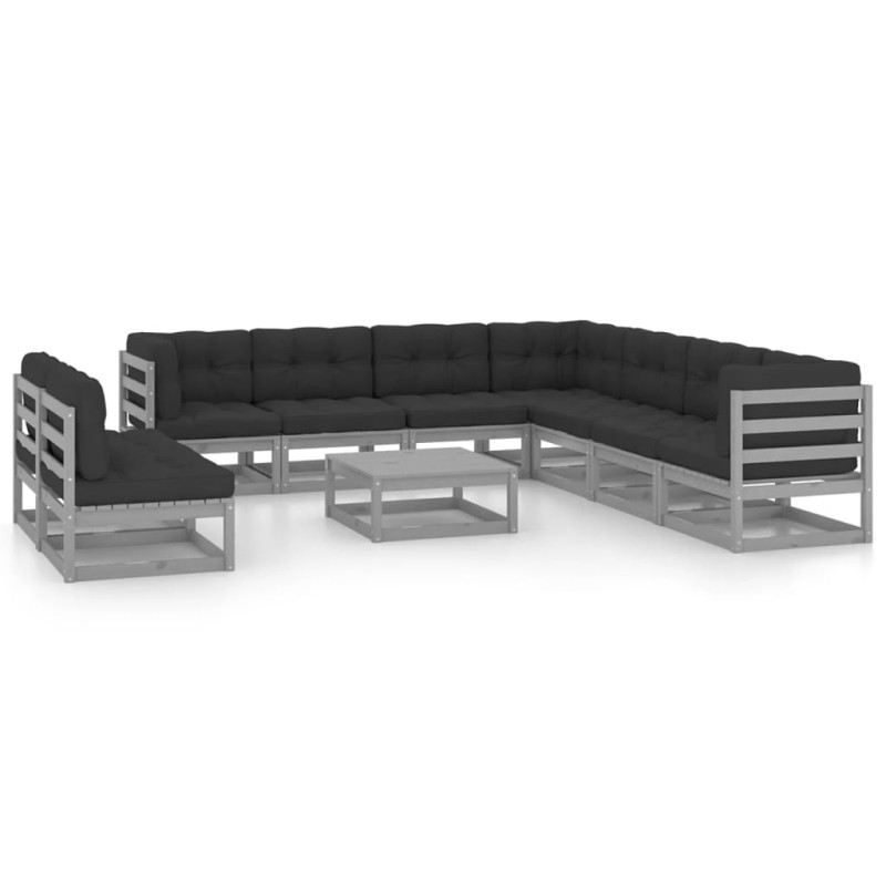 10pcs conjunto lounge de jardim + almofadões pinho maciço cinza-Conjuntos de jardim-Home Retail