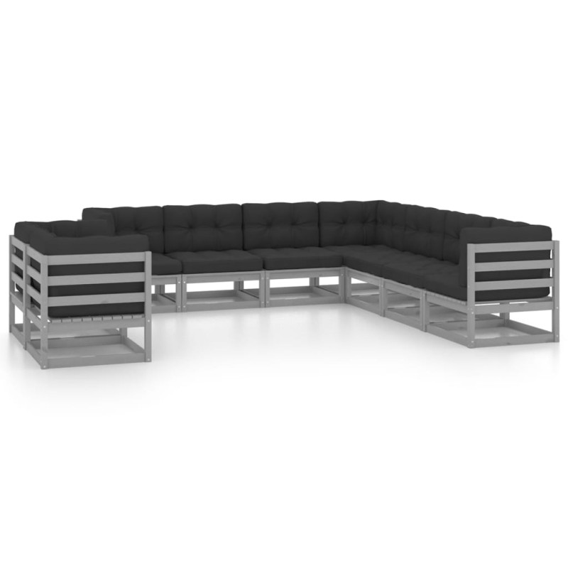 9pcs conjunto lounge de jardim c/ almofadões pinho maciço cinza-Conjuntos de jardim-Home Retail