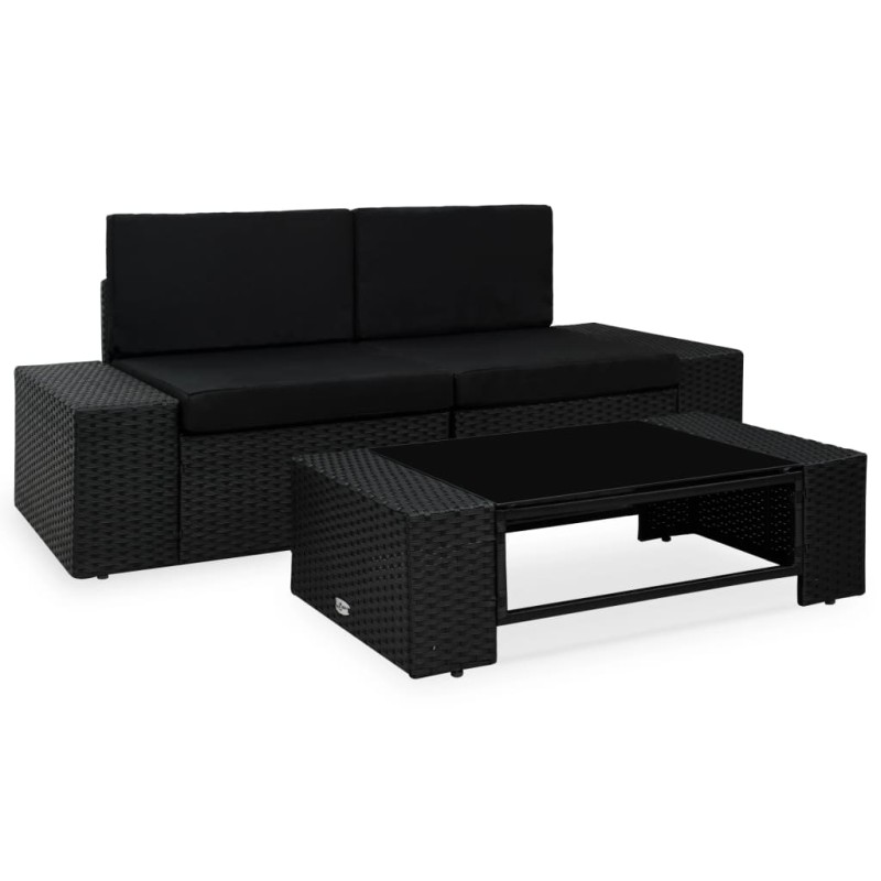 3 pcs conjunto lounge para jardim vime PE preto-Unidades de sofá com módulos externos-Home Retail