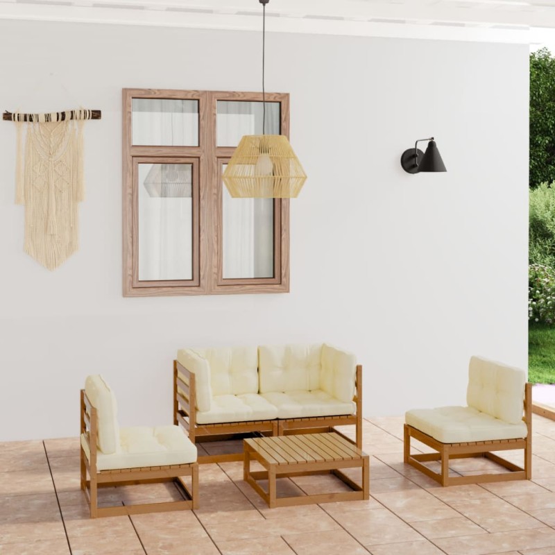 5 pcs conjunto lounge de jardim com almofadões pinho maciço-Conjuntos de jardim-Home Retail